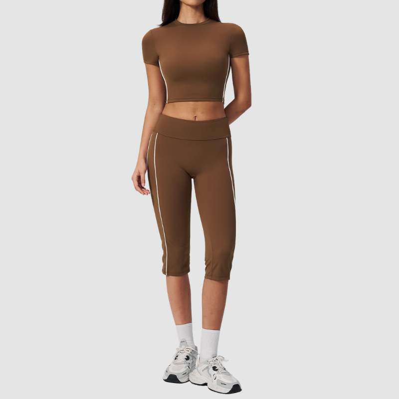 Wholesale Women's Brushed Contrast Piping Short Sleeve Crop Top & Button-Up Cropped Pants Set