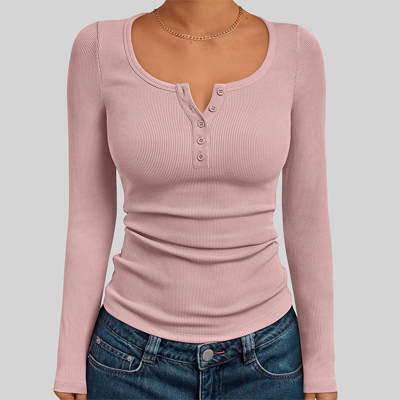 Wholesale Women's Button V-Neck Long Sleeve Ribbed Knit Top