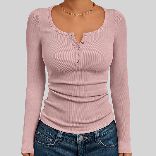 Wholesale Women's Button V-Neck Long Sleeve Ribbed Knit Top