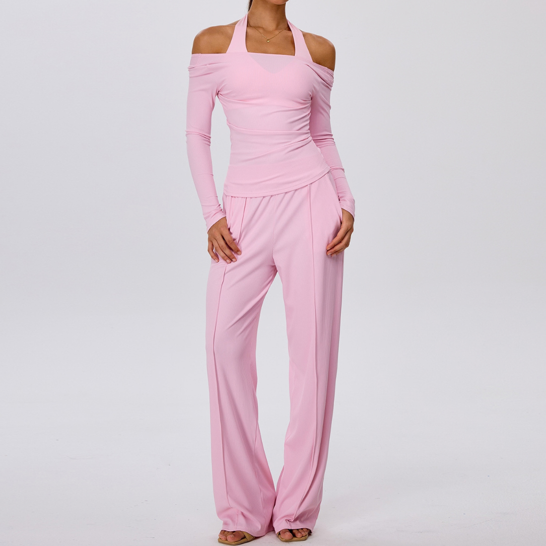 Wholesale Women's Padded Sports Bra+Off-Shoulder Long-Sleeve+Wide-Leg Pants Yoga Set