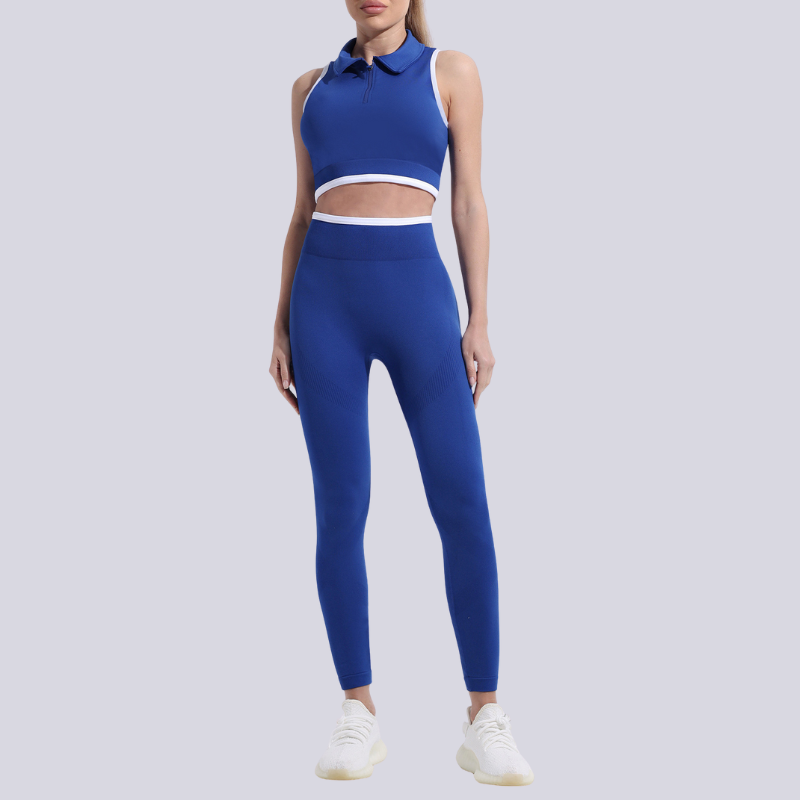 A seamless round neck sleeveless zip bra and sports pants two-piece set