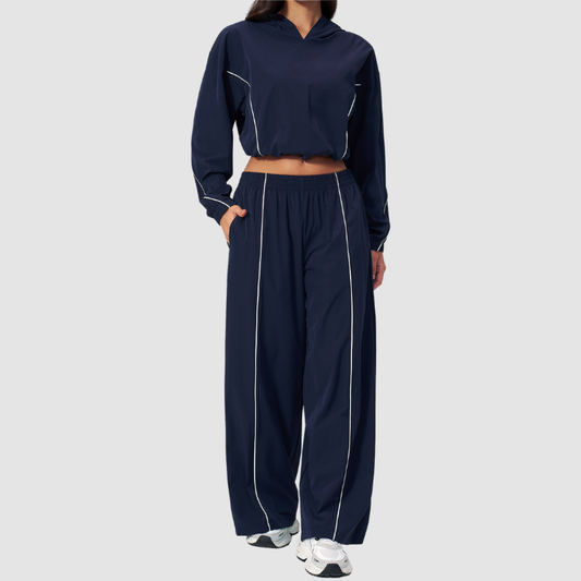Wholesale Women's UPF50+ Sun Protection Hoodie Jacket + Wide-Leg Pants Set – Colorblock Outdoor Running Sportswear