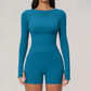 Wholesale Seam-Detail Long-Sleeve Crop Top & High-Waist Biker Shorts Set – Brushed Yoga 2-Piece