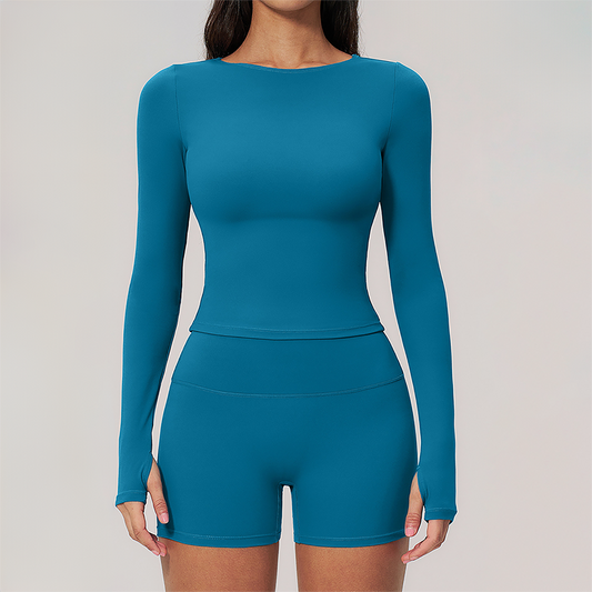 Wholesale Seam-Detail Long-Sleeve Crop Top & High-Waist Biker Shorts Set – Brushed Yoga 2-Piece