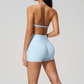 Wholesale Women's Halter Neck Sports Bra & High-Waist Booty Shorts Set – Seam-Detail Quick-Dry 2-Piece Yoga Set