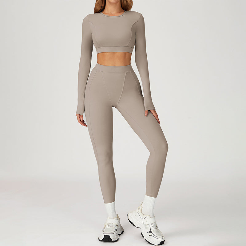 Round-neck long-sleeve high-waist fitted top+HIGH WAIST LEGGINGS 2-PIECE SET