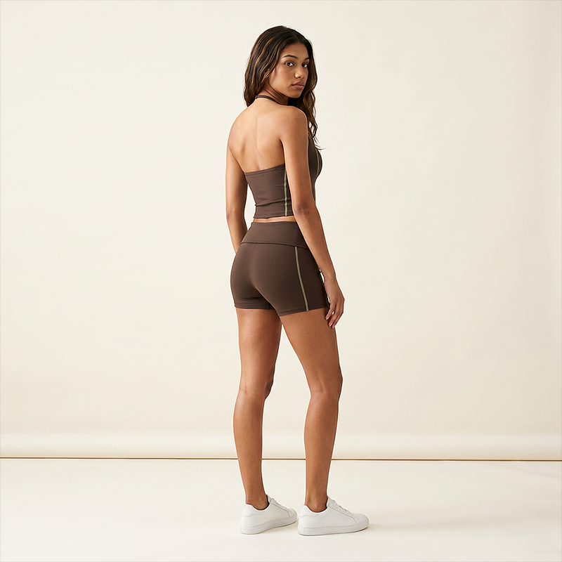 Wholesale Women's Halter V-Neck Color-Block Slim-Fit Sports Bra & Shorts Yoga Set