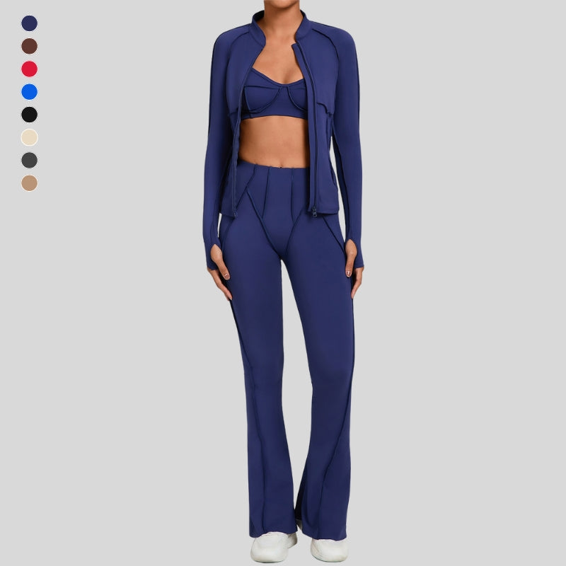 Thumb-buckle zipper jacket + slightly flared pants + sports bra 3-piece set