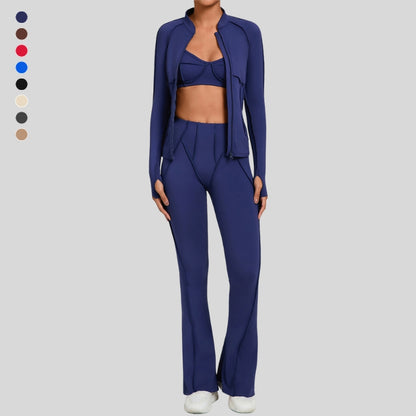 Thumb-buckle zipper jacket + slightly flared pants + sports bra 3-piece set