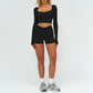 Slim-fitting long-sleeved top + tight-fitting athletic shorts 2-piece set