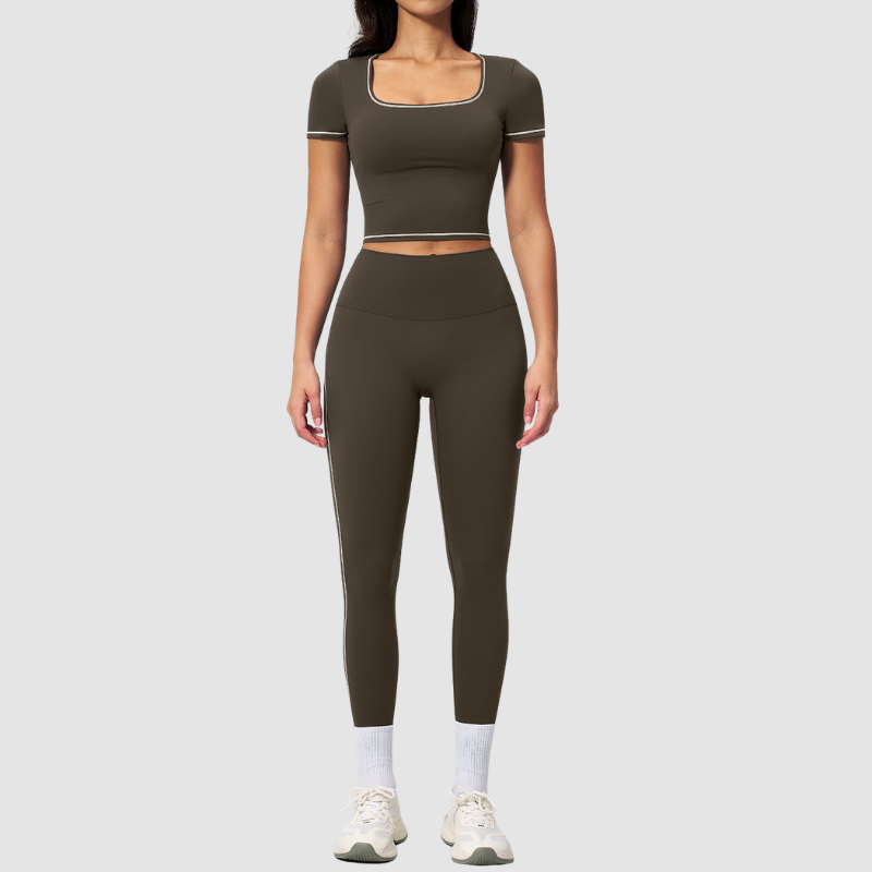 Wholesale Women's Seam-Detail Short Sleeve Crop Top + High-Waist Leggings Set – Butt-Lifting Yoga Gym Activewear