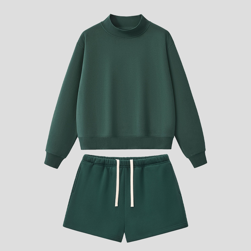 Semi-High Neck Top + Drawstring Shorts 2-piece set