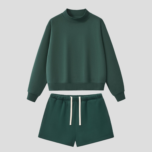 Semi-High Neck Top + Drawstring Shorts 2-piece set