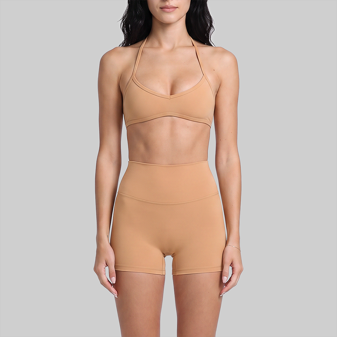 Wholesale Naked-Feel Halter Sports Bra + High Elasticity Fitness Shorts