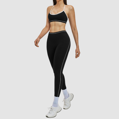 Women's Contrasting Color Backless Bra+Highlighted Legging 2-piece Set