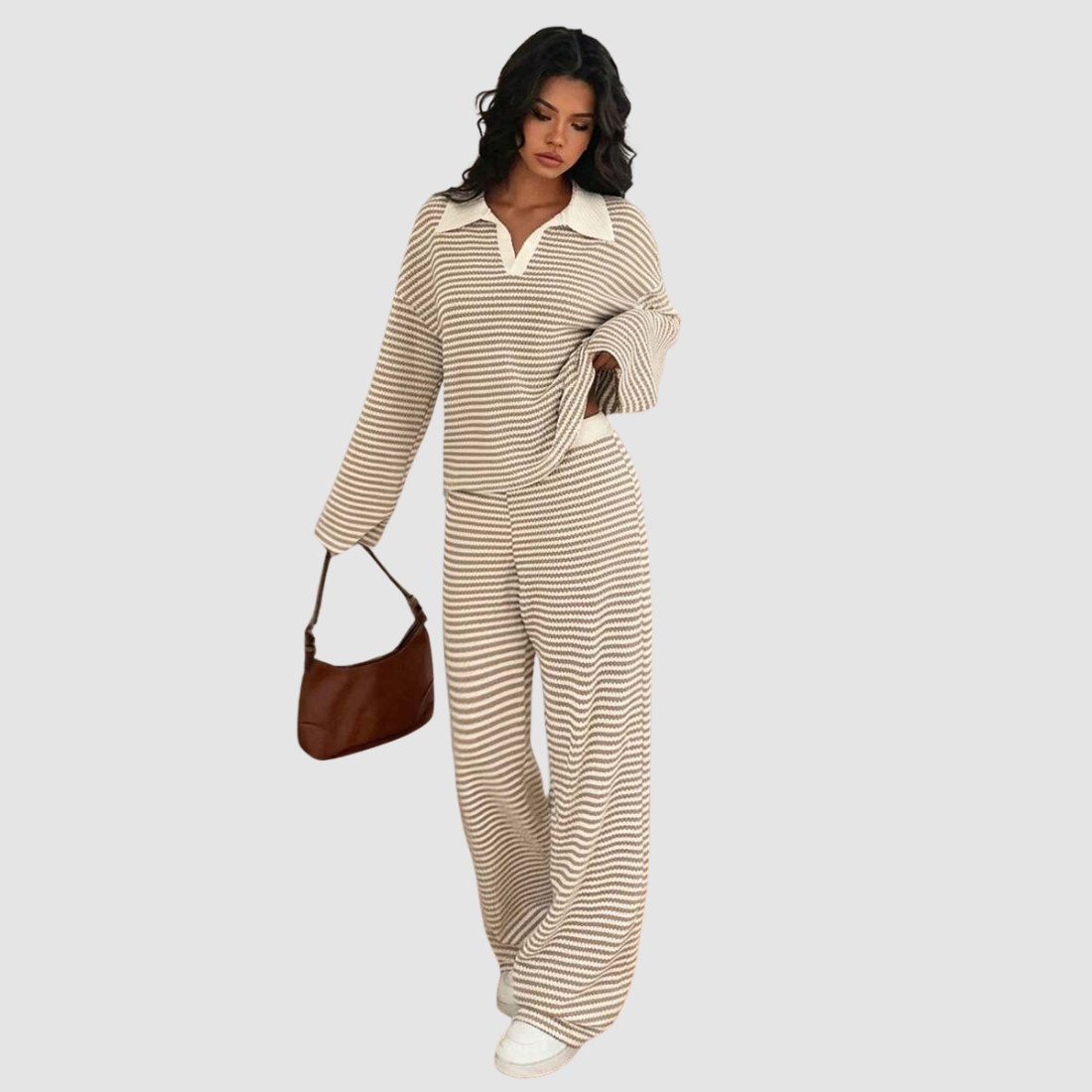 Wholesale Women's Striped Collared Lounge Set – Long Sleeve Top + Wide-Leg Pants