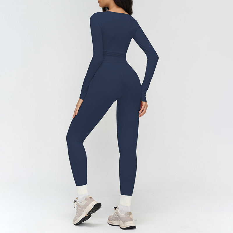 V-neck slim-fit long-sleeved top + High waist leggings 2-piece set