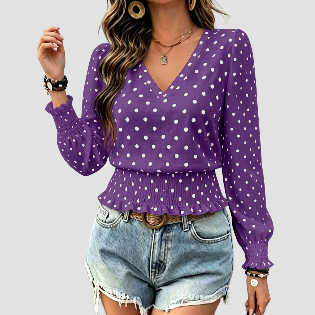 Wholesale Women's Round neck printed polka dot long sleeve V-neck fashionable casual top