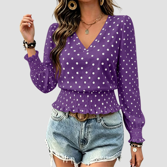 Wholesale Women's Round neck printed polka dot long sleeve V-neck fashionable casual top