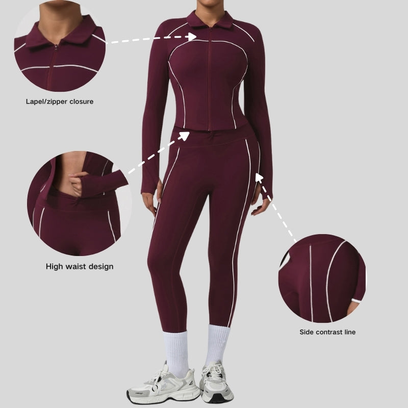 Color-blocked lapel jacket + sports leggings 2-piece set