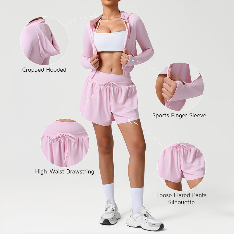 Wholesale hooded jacket + loose-fitting athletic shorts