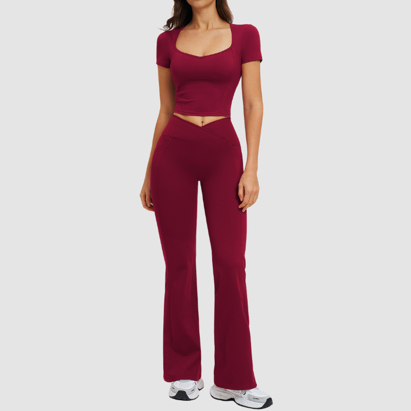Wholesale square-neck crop top + high-waisted flared pants
