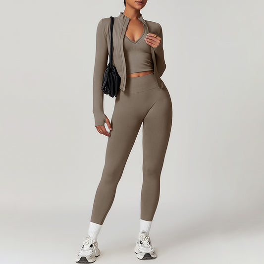 Seamless Long Sleeve Full Zipper Jacket + leggings 2-piece Set
