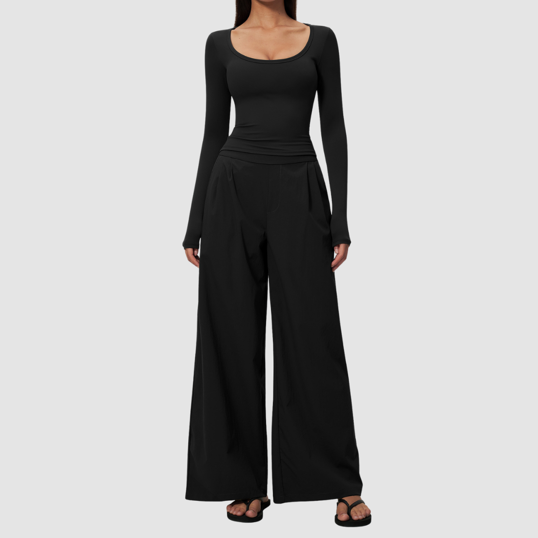Wholesale Women's Brushed V-Neck Long Sleeve Top & Wide-Leg Pants Yoga Set