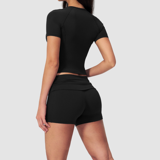 Wholesale short-sleeved tops and high-waisted fold-over shorts sets