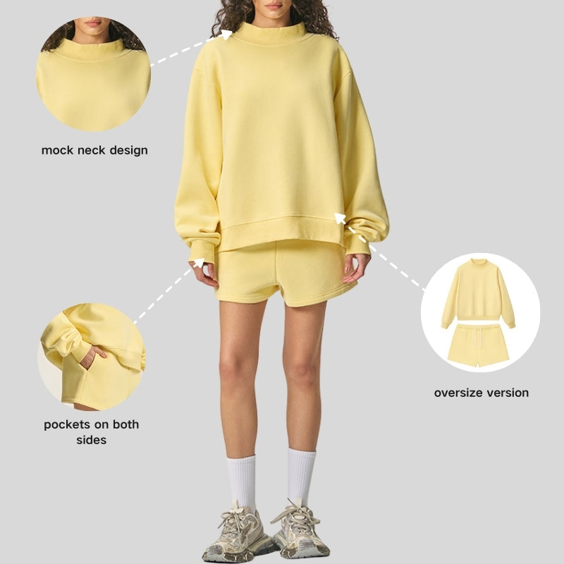 Semi-High Neck Top + Drawstring Shorts 2-piece set