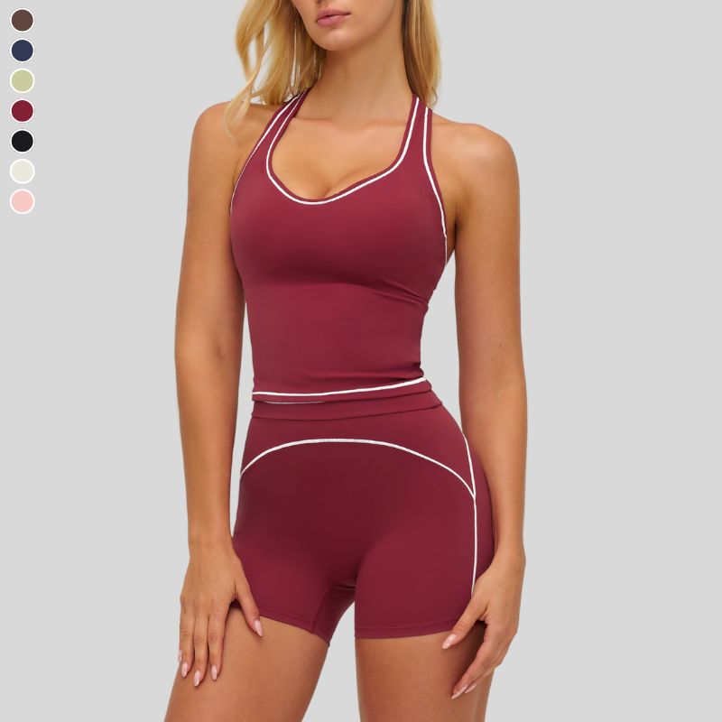 Contrasting racerback tank top+High waisted shorts 2-piece set