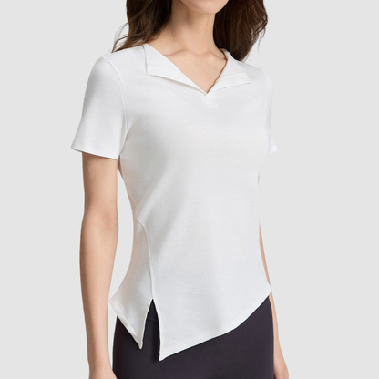 Wholesale Women's Lapel Collar Yoga Short-Sleeve Top with Side Slit Hem