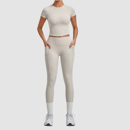 Wholesale Women's Naked-Feel Short Sleeve Top + High-Waist Leggings Set – Peach Lift Yoga Fitness Activewear