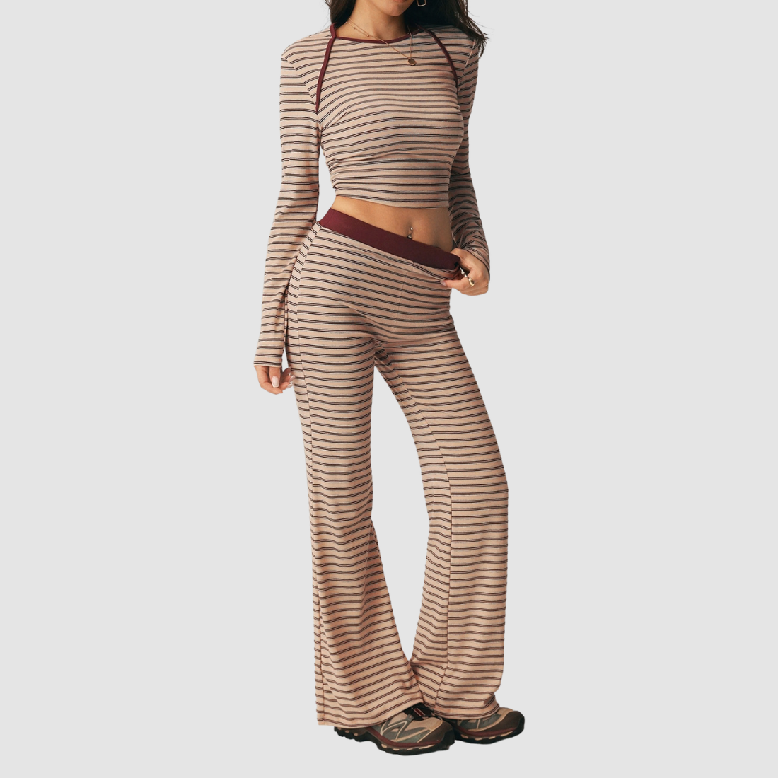 Wholesale Women's Striped Long-Sleeve Top+Wide-Leg Yoga Pants 2-Piece Set