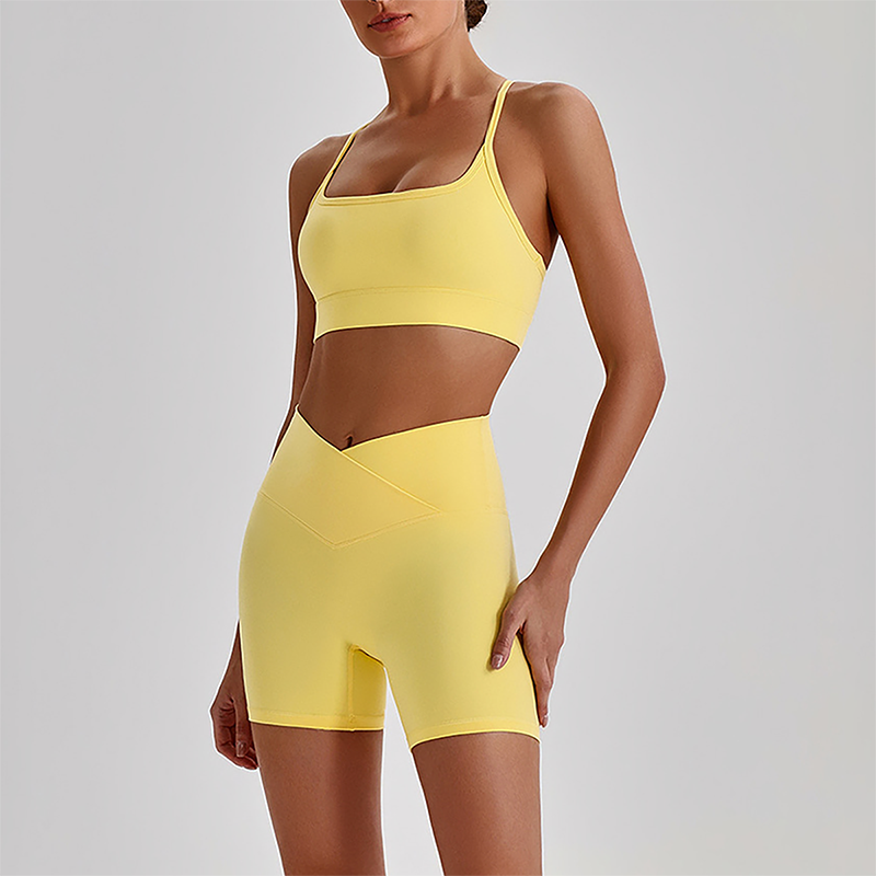 Wholesale Brushed Naked-Feel Open-Back Sports Bra & High-Waist Shorts Set – Sculpting Yoga 2-Piece