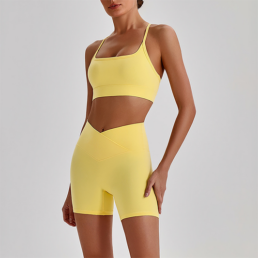 Wholesale Brushed Naked-Feel Open-Back Sports Bra & High-Waist Shorts Set – Sculpting Yoga 2-Piece