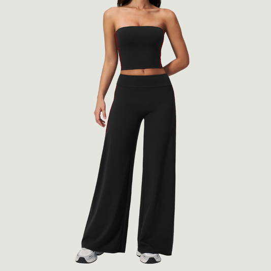 Wholesale Women's Brushed Strapless Tube Top & Wide-Leg Pants Set – Padded Yoga Fitness 2-Piece