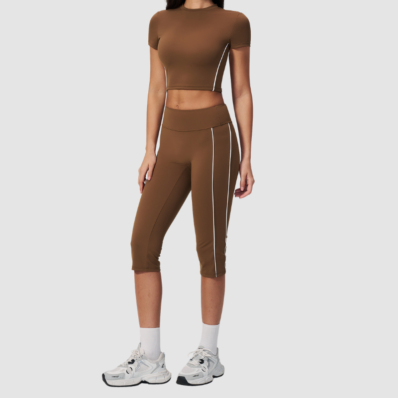 Wholesale Women's Brushed Contrast Piping Short Sleeve Crop Top & Button-Up Cropped Pants Set