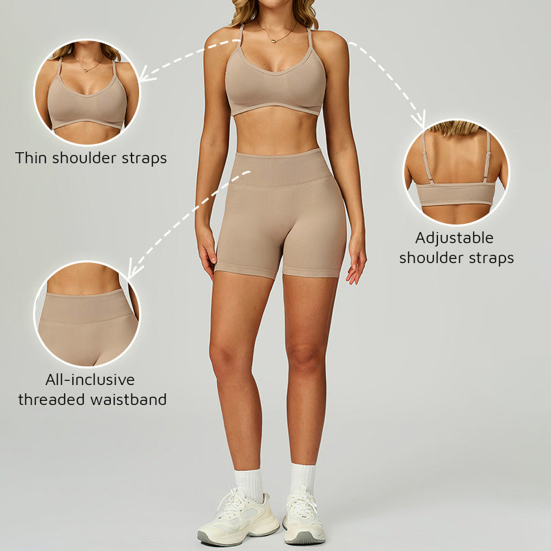 Seamless thin straps Sports Bra + High-waisted shorts 2-Piece Set