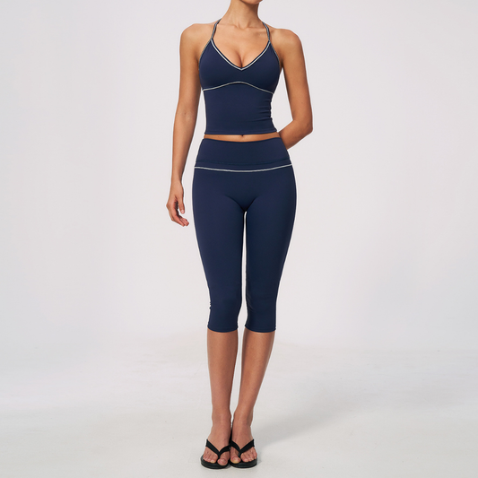 Wholesale Women's Brushed Yoga Set: Cross-Back Bra & Capri Pants – Colorblock Tummy Control