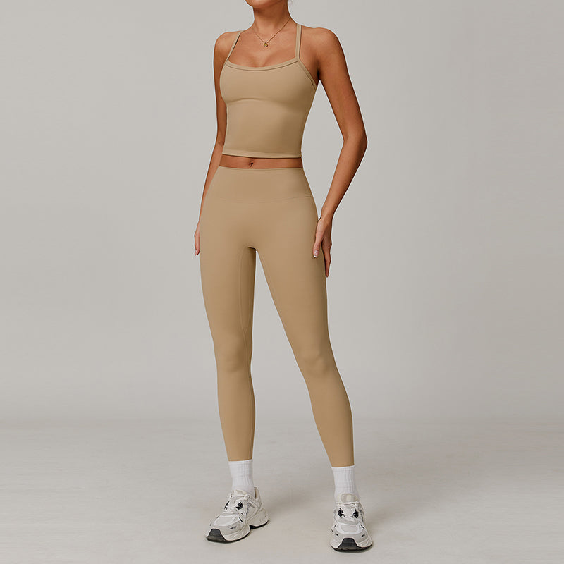 Tapa del tanque de yoga de cruz cepillado + Leggings de cintura alta de 2 piezas