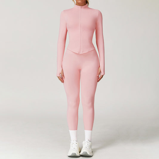 Seamless Long Sleeve Full Zipper Jacket + leggings 2-piece Set