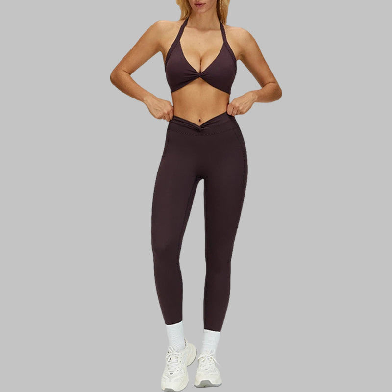 Removable padding sports bra+Pleated waistband sport leggings 2-piece set