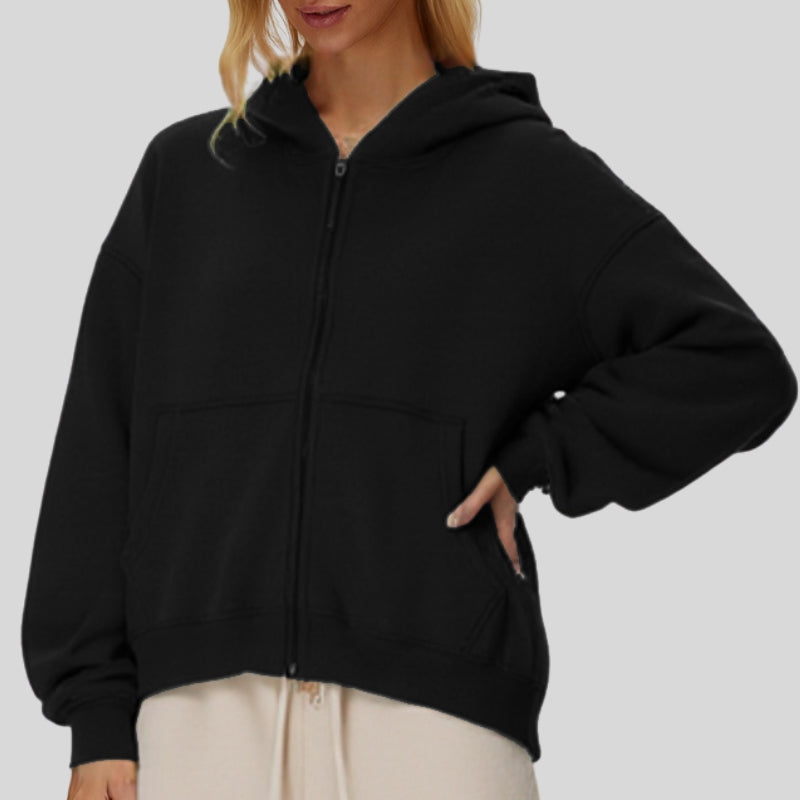 Oversize Cropped Zip Hoodie with Fleece Lining