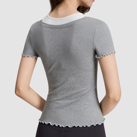 Wholesale Women's Faux Two-Piece Contrast Color Short-Sleeve Yoga Top – Slim Fit Activewear