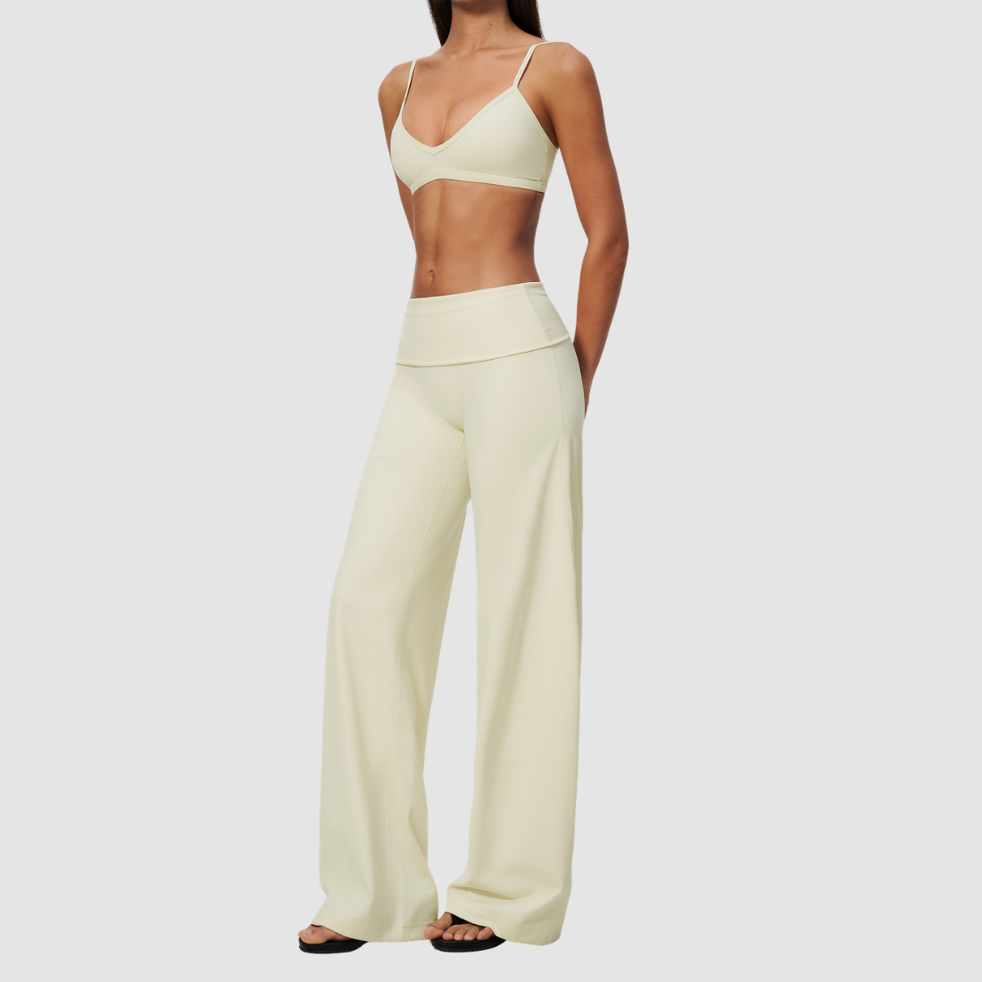 Wholesale Women's Brushed Yoga Set: Strappy Back Bra & Foldover Wide-Leg Pants