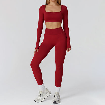 Seamless Long Sleeve Sports Top + hoch taillierte Leggings 2-teilige Leggings
