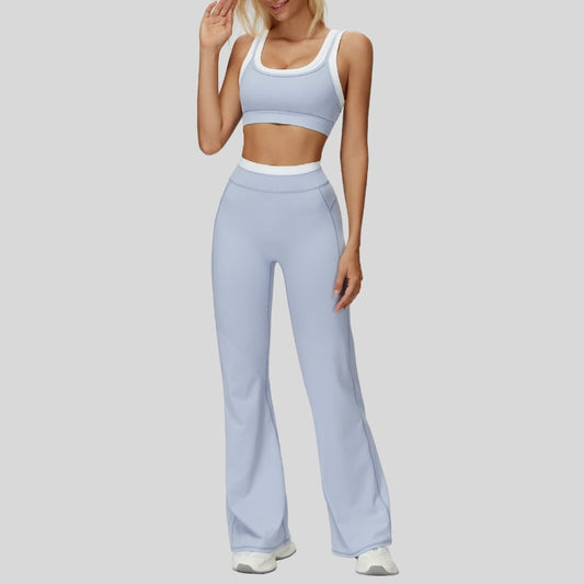 Contrast color sports bra + sport slightly flared pants 2-piece set