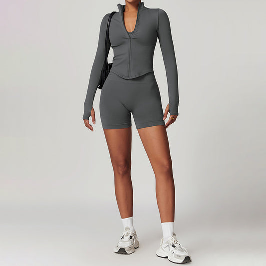 Seamless Long Sleeve Full Zipper Jacket + Shorts 2-piece Set