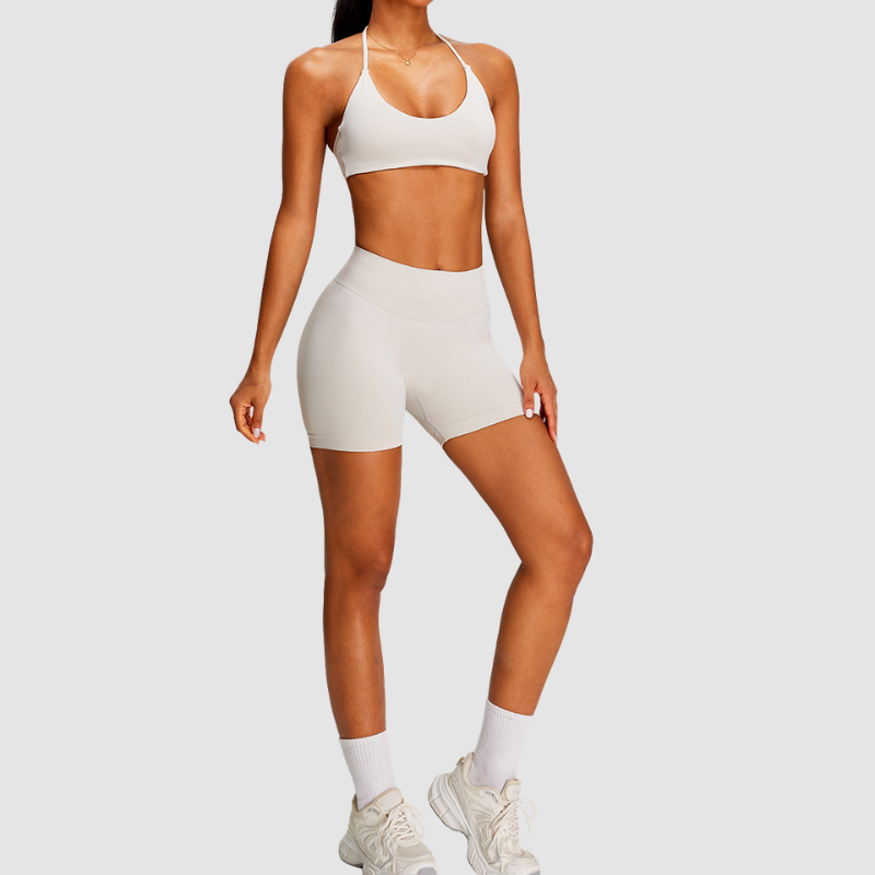 Wholesale Seamless Halter Sports Bra & High-Waist Biker Shorts Set – Naked-Feel Peach-Lift Yoga 2-Piece